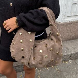 Italian Suede Hobo Shoulder Bag Taupe Studded Genuine Leather Made In Italy